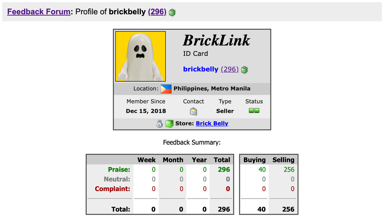 BrickLink profile with ghost icon and feedback summary on a white background